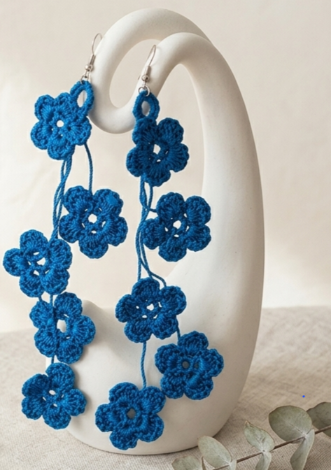 Teal Crochet Flower Cascade Earrings