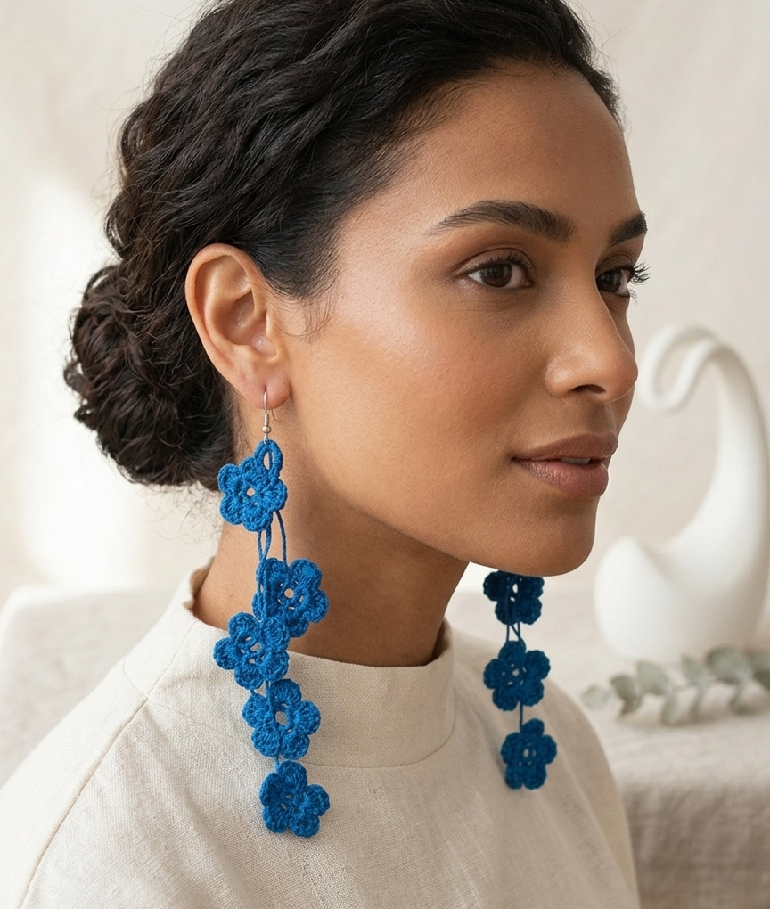 Teal Crochet Flower Cascade Earrings