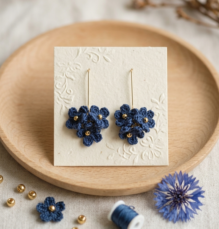 Crochet Blossom Cluster Earrings – Navy Blue