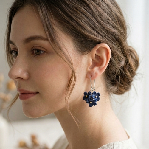 Crochet Blossom Cluster Earrings – Navy Blue