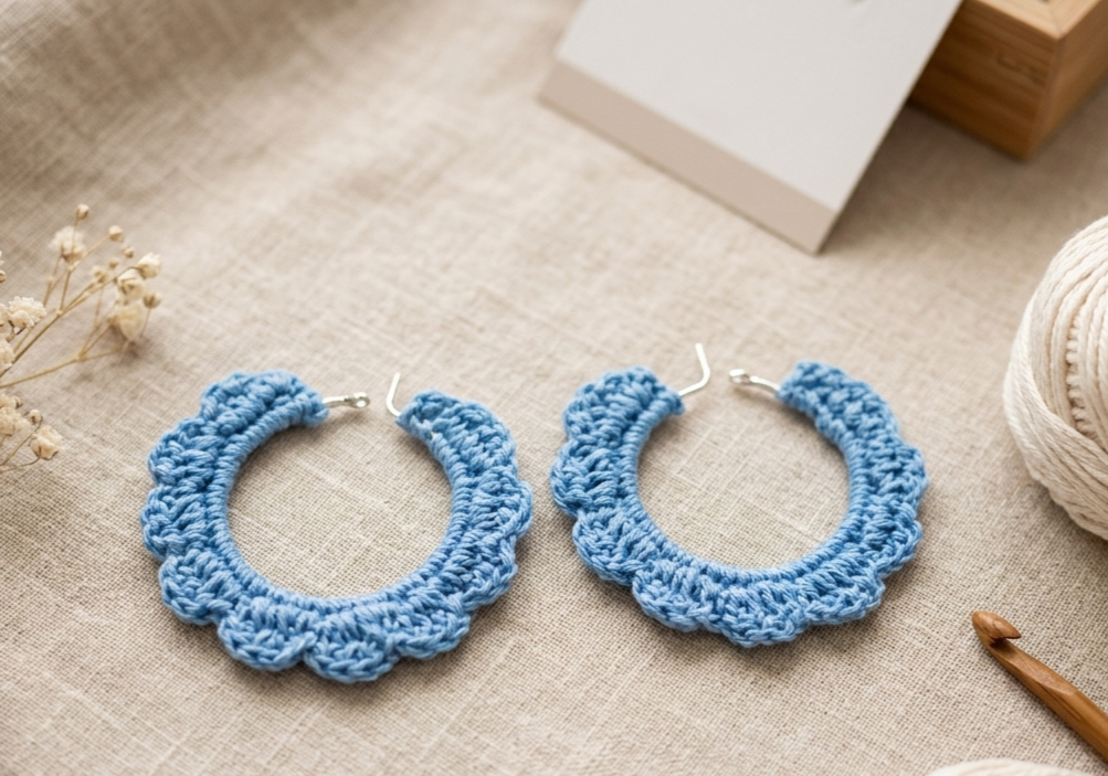 Crochet Scallop Hoop Earrings – Sky Blue