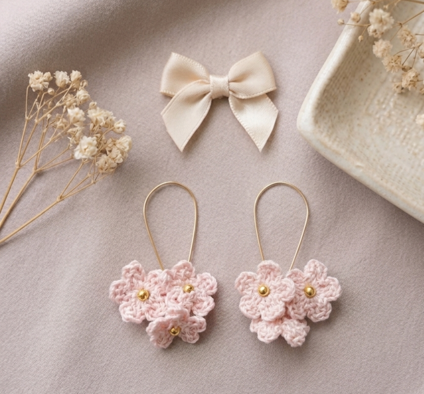 Crochet Blossom Cluster Earrings – Blush Pink