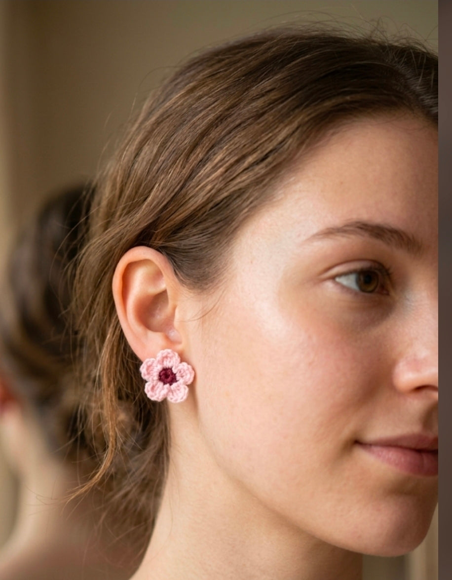 Crochet Flower Stud Earrings – Blush Pink & Berry