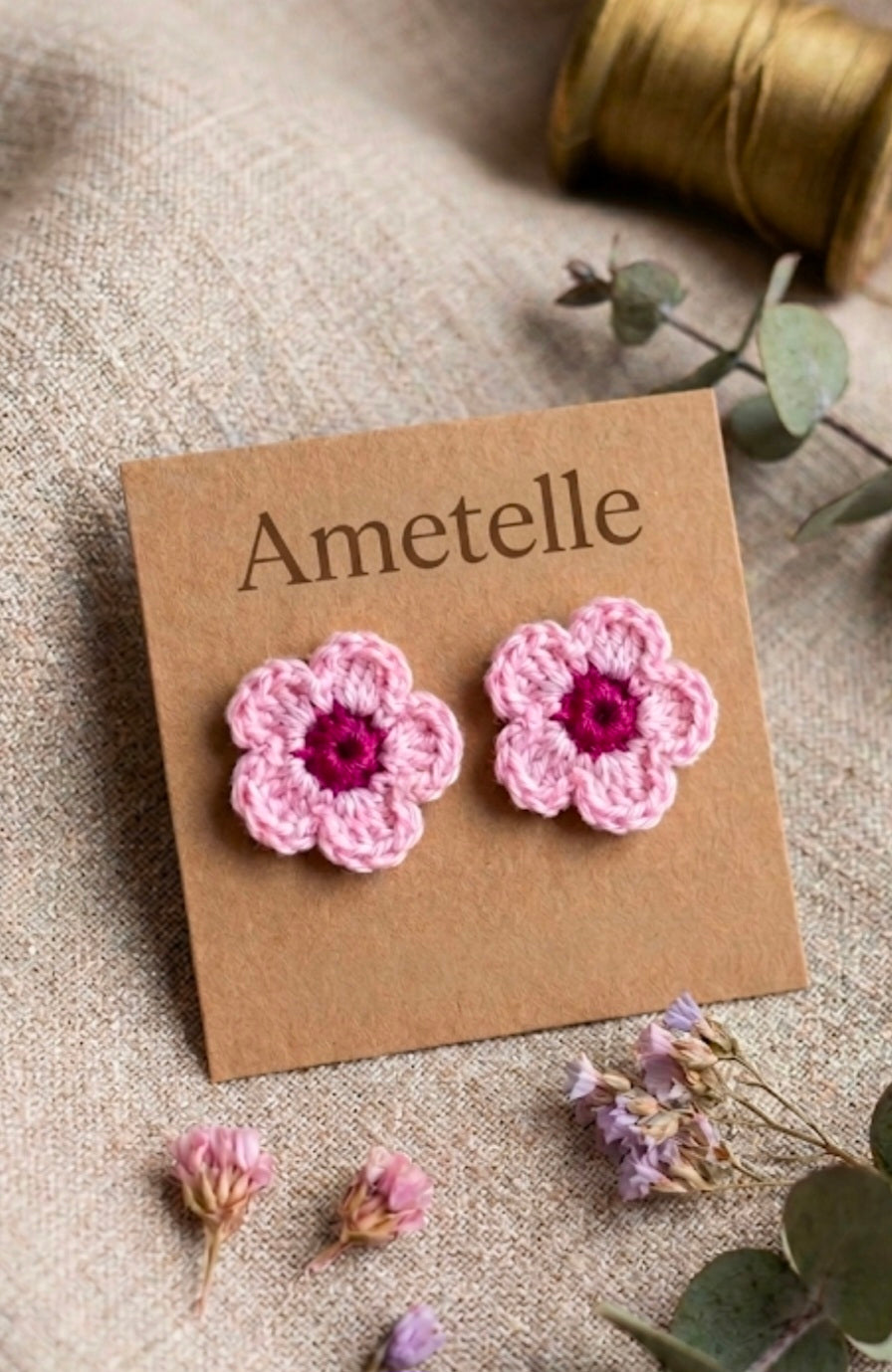Crochet Flower Stud Earrings – Blush Pink & Berry